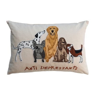 Cotton Pillow Cover with Embroidered Dogs and Message, Multicolor-image