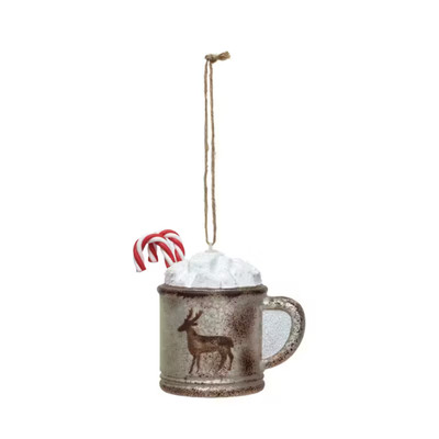 Creative Co-op Candy Cane & Deer Mug Glass Ornament Bauble-image