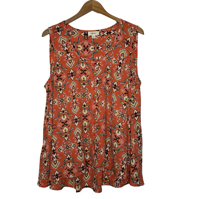 Style Co Sleeveless Top Size XL Floral Orange Button Front Scoop Neck Boho Hi Lo-image