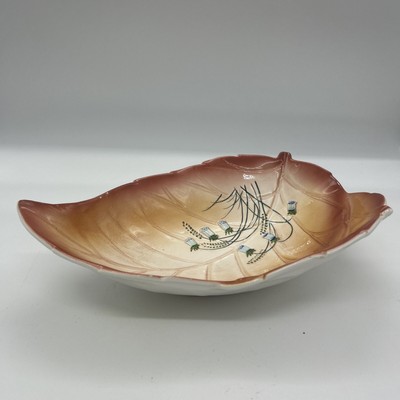 Vintage Mid Century Large Leaf Serving Bowl With Bluebells Handpainted Japan-image