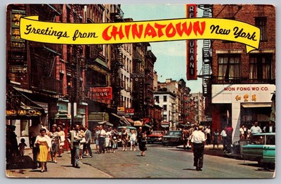 Greetings Chinatown New York Street View Old Cars Restaurant Joss House Postcard-image