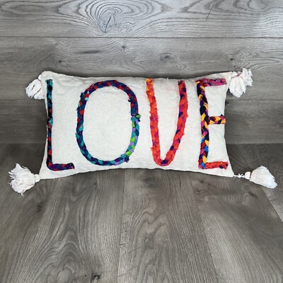 Creative Co-Op Throw Pillow Rectangle with Tassels Colorful Braided LOVE-image