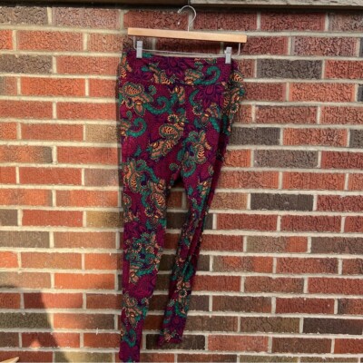 LuLaRoe Magenta and Orange Paisley Print Mid Rise Leggings-image