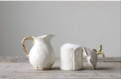Stoneware Creamer & Sugar, Cream & Gold Finish Creative Co-op NIB-image