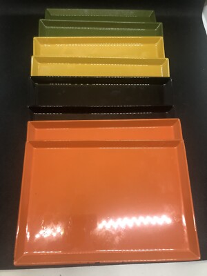 VTG MCM Snack/Canapé Plates-Set Of 8 Rectangular Black Avocado Mustard Orange-image