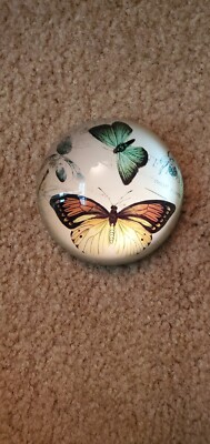 Creative Co-op Round Glass Domed Paperweight Butterflies  Green Yellow-image