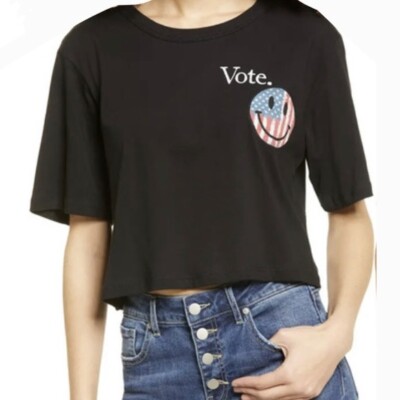 La La Land Creative Co Womens Large Vote Tshirt Crop Top Happy Face Black 2527-image