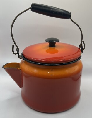 Vintage Mid-Century Orange Enamelware Tea Kettle Decorative Kitchen Farmhouse-image