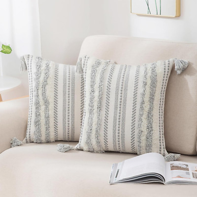 Decoruhome Decorative Boho Throw Pillow Covers 18X18 Set of 2, Accent Neutral Te-image