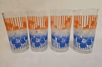 4 Mid-Century Ombré Flower Tumblers 9 oz Orange White Blue Pyroglaze EUC-image