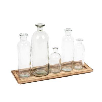 Creative Co-Op DA2672 Set of 5 Vintage Bottle Vases on Wood Tray-image