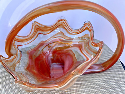 Orange Swirl Hand Blown American Ozark Sooner Glass Dish Handled Bowl Unique Lg.-image