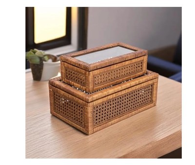 Creative Co-Op Modern Decorative Rectangle Woven Rattan and Wood Display Boxes w-image