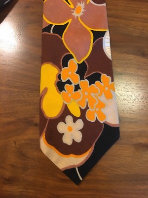 Vintage Hawaiian Mens Tie  4” Flowers Floral Brown Orange Mid Century-image