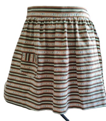 Vtg Mid-century Half Apron Ties Brown Orange Stripe Floral Pocket 1970s Handmade-image