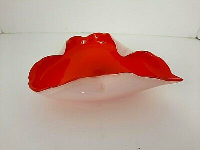 Leaf Art Glass Cased Orange & White Candy Dish Mid Century-image