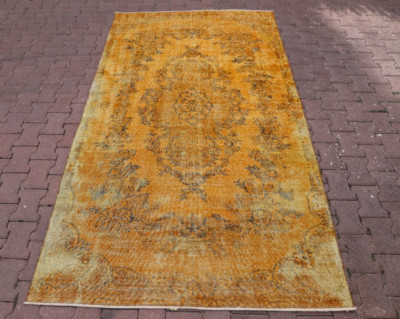 Orange Hand Knotted Vintage Carpet Anatolian Traditional Overdyed Area Rug 5x9ft-image