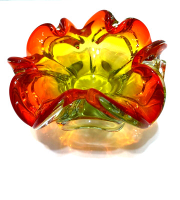 Vintage Murano Art Glass Ashtray Orange Yellow Amber 6 1/2