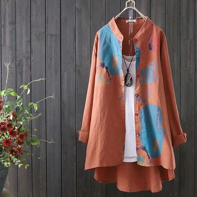 Asymmetric Mid-length Cotton Linen Round-neck Shirt-image