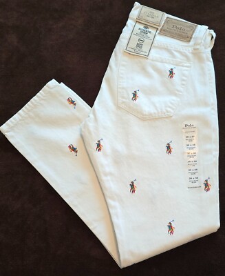 NWT Polo Ralph Lauren Mens White Sullivan Slim All Over Rainbow Pony Denim Jeans-image