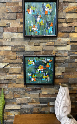 Mid Century Modern Abstract Acrylic Painting Blue Orange Set Of 2-image