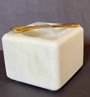 Marble 3 Inch Sq. Bowl With Brass Spoon Salt Spice Cellar Creative Co-op India-image