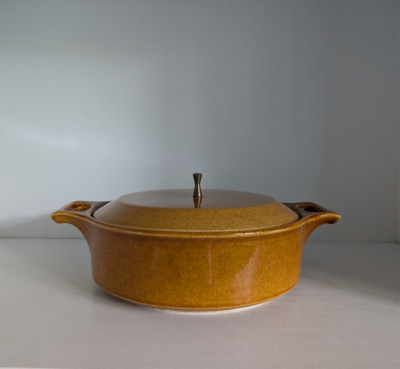 Mid century Vintage Stoneware Dish Mini Casserole Burnt Orange Glaze Hourglass-image