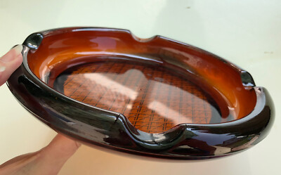 Vintage MCM Burnt Orange Ashtray Cigar Mid Century Modern Round Glass-image