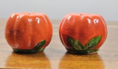 VINTAGE MID CENTURY ORANGE JAPAN PUMPKIN OR TOMATO SALT & PEPPER SHAKERS -image