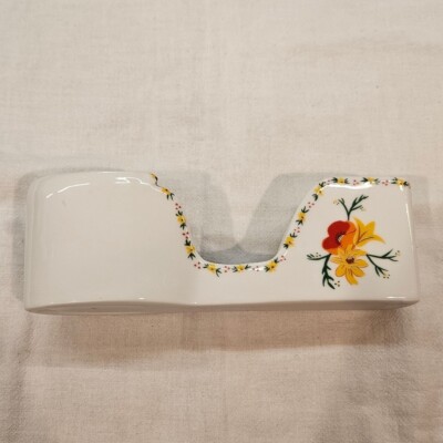 Porcelain Floral MCM Mid Century Spoon Caddy Table Setting White Yellow Orange-image