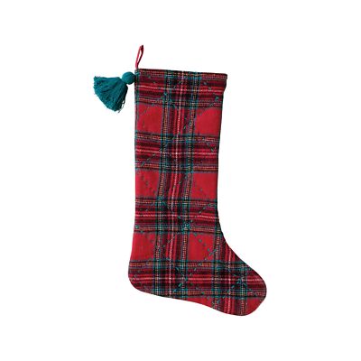Creative Co-Op Red and Green Brushed Cotton Flannel Quilted Stocking with Tassel-image