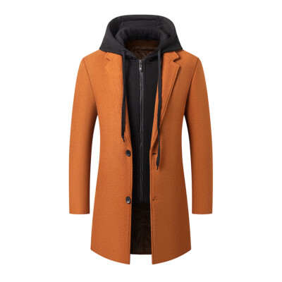 Men's Korean Casual Woolen Coat Mid-length Removable Hood Business Warm Jackets-image