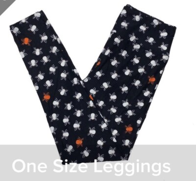 LulaRoe OS Halloween Orange & White Spiders Leggings - Black Background - NWOT-image