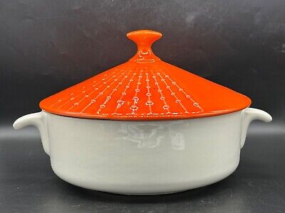 Vintage, mid century orange / white lidded casserole , USA pottery ,-image