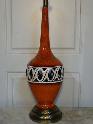 MID CENTURY MODERN CERAMIC POTTERY ORANGE SPECKLE OPENWORK GLAZE LAMP VINTAGE -image