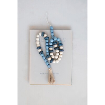 Farmhouse Wood Bead Garland Blue, Cream Beads With Tassels Natural Christmas-image