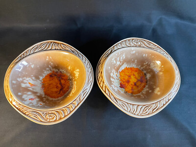 2 Mid-Century Pottery Candy Dishes Small Bowls Orange Brown USA 2.5”x6”-image