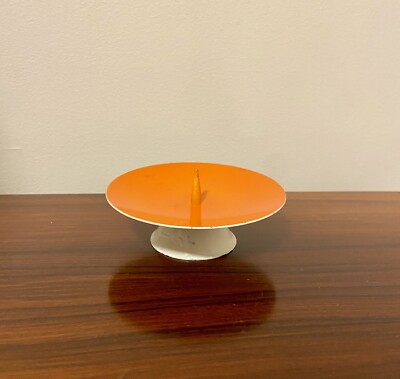 VINTAGE MID CENTURY MODERN ORANGE & WHITE METAL CANDLE HOLDER PLATE-image