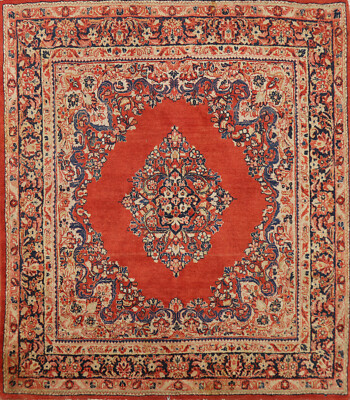Orange Square Medallion Saroouk Rug 5x5 Wool Hand-made Traditional Carpet-image