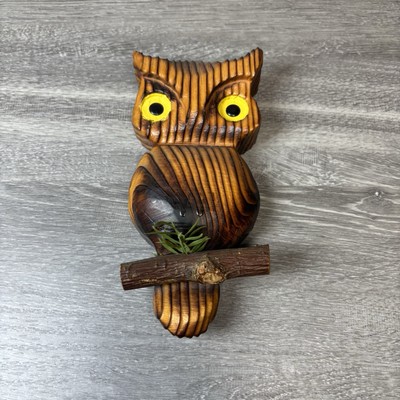Mid Century Modern Carved Wooden Owl on a Branch Big Eyes Orange 7” Wall Hang-image