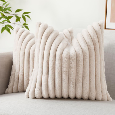 Faux Fur Spring Throw Pillow Covers 18X18 Set of 2, Decorative Soft Plush Stripe-image