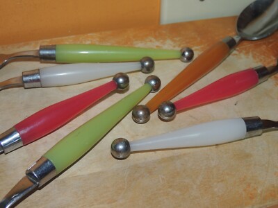 7 pcs Picnic Flatware atomic green orange pink weighted spoons forks Mid Century-image