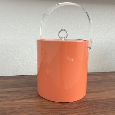 Vintage  Mid Century Modern salmon pink orange Ice Bucket Vinyl Lucite 60s 70s-image