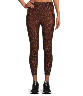 Kinesis Leggings Womens XS Black Orange Cheetah Mid Rise Pockets Ankle Crop-image