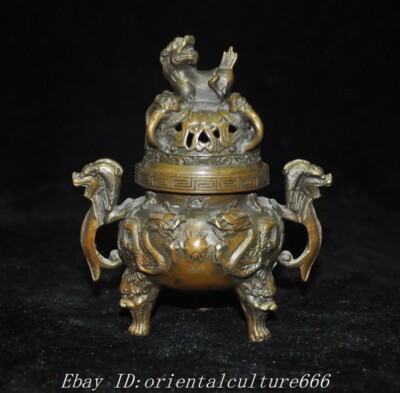 China Buddhism temple bronze dragon  statue Joss Incense burner Censer statue-image
