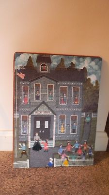 Completed JCA Colorart Crewel VICTORIAN VALLEY SCHOOL Folk Art by Mrs B 9x12 new-image