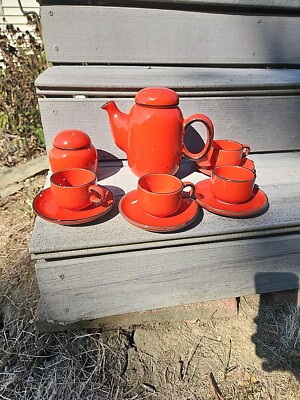 Mid Century Modern Ceramic Tea Set KIL Yugoslavia 10 Pc Set Orange Ceramic-image