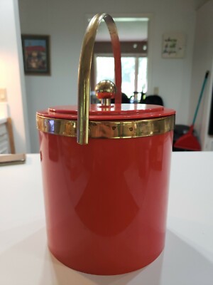 Vintage Mid Century Modern USA Orange plastic Ice Bucket w/ Lid brass handle-image