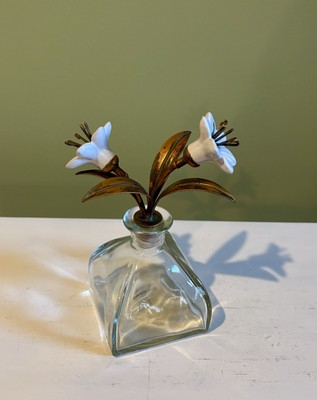 Creative Co-op Perfume or Apothecary Bottle w/ Gilded Brass & Porcelain Lilies-image