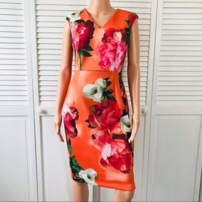 CALVIN KLEIN Orange Floral Sheath Sleeveless Dress Size Petite-image